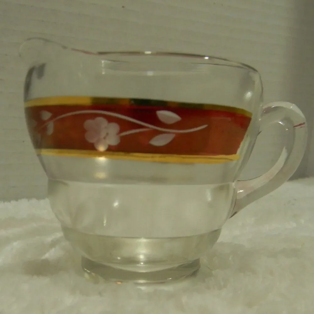 Vintage Bartlett Collins Red Gold Creamer Jar Etched Glass